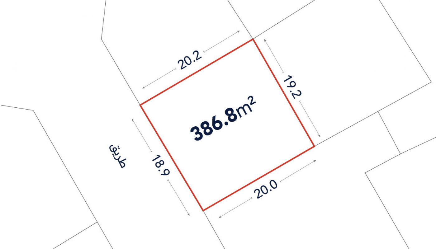 Diagram of a square plot labeled 386.8 m², with side lengths of 20.2 m, 19.2 m, 20.0 m, and 18.9 m, and adjacent streets marked in Arabic.