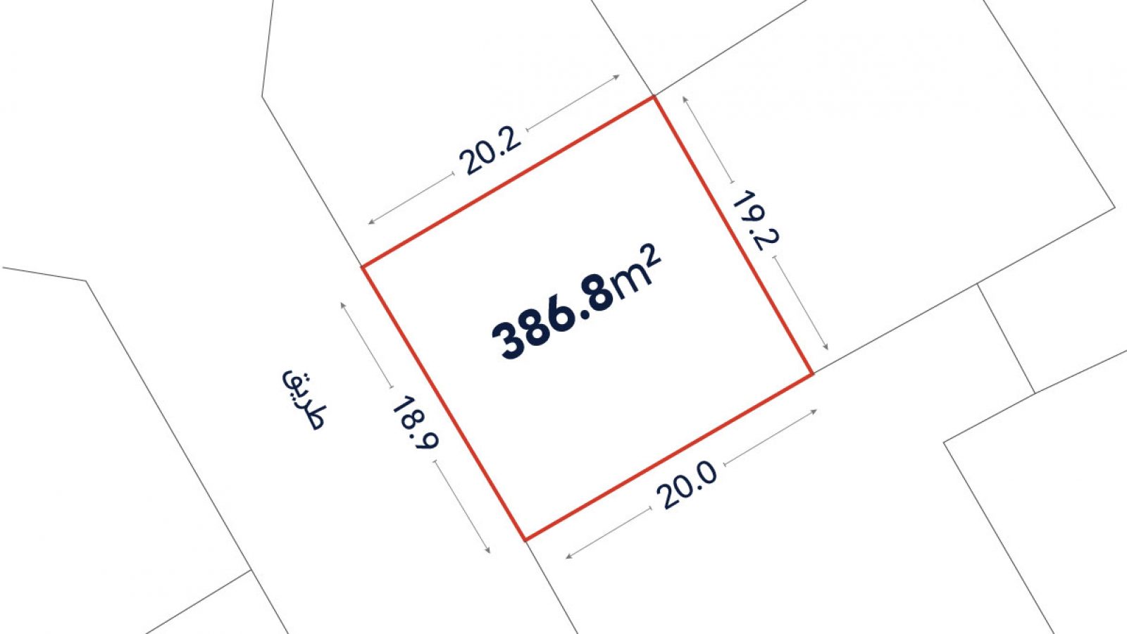 Diagram of a square plot labeled 386.8 m², with side lengths of 20.2 m, 19.2 m, 20.0 m, and 18.9 m, and adjacent streets marked in Arabic.