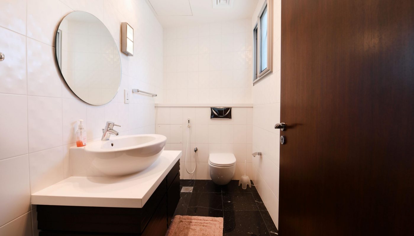 Modern bathroom with white walls, a round mirror, sink on a dark vanity, soap dispenser, toilet, bidet spray, towel rail, and a pink rug on a black tiled floor.