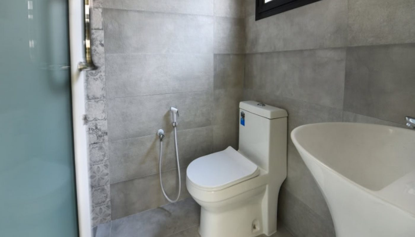 Modern bathroom with a white toilet, handheld bidet, and a freestanding sink. Walls and floor are tiled in gray. A frosted glass door is partially visible. A small window lets in light.