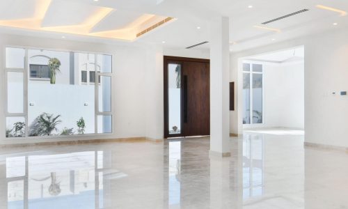 A spacious white room with a brown door and a pristine white wall.