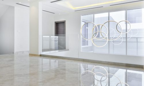 Olympic rings draft in the lobby of a modern home.