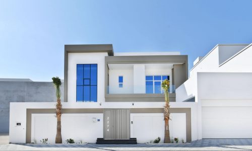 A modern house with two garages and palm trees, perfect for aspiring car enthusiasts.