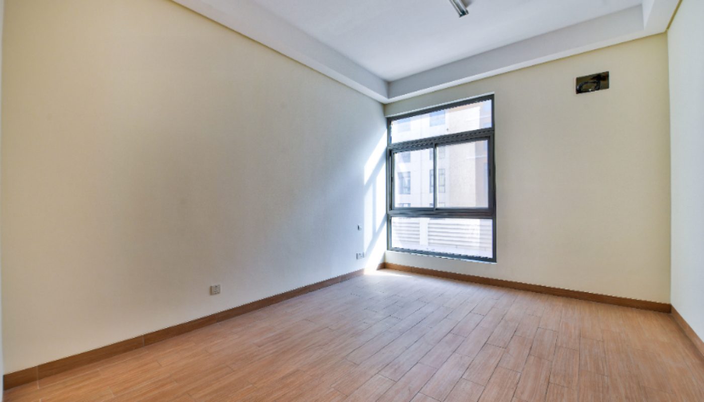 Empty room with light-colored walls, wood-pattern tile flooring, a large window allowing natural light, and a ceiling light fixture.