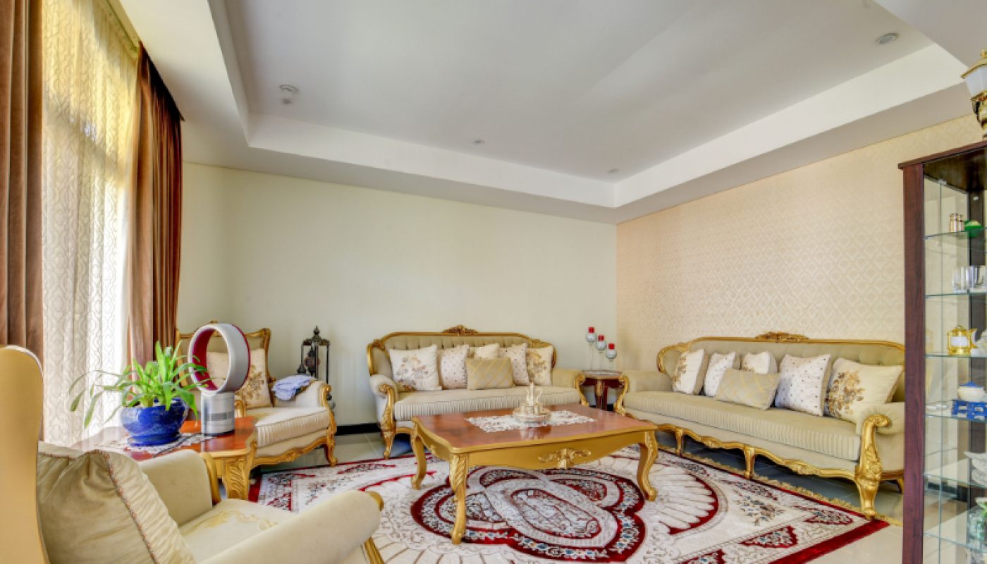 Elegant living room with ornate beige sofas, a patterned rug, a wooden coffee table, large windows with curtains, and a display cabinet on the right.