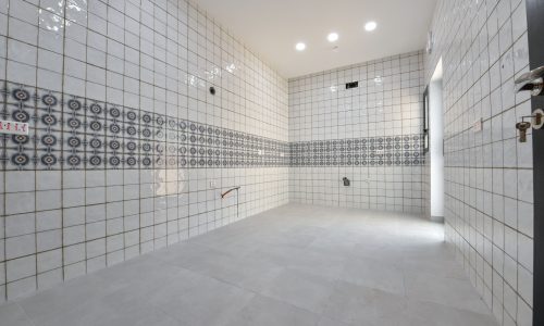 A tiled bathroom with white walls and a matching floor.