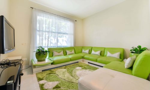 A brightly lit living room in an amazing villa for rent on Tala Island, featuring a green l-shaped sofa, patterned rug, and a flat-screen TV on the wall.