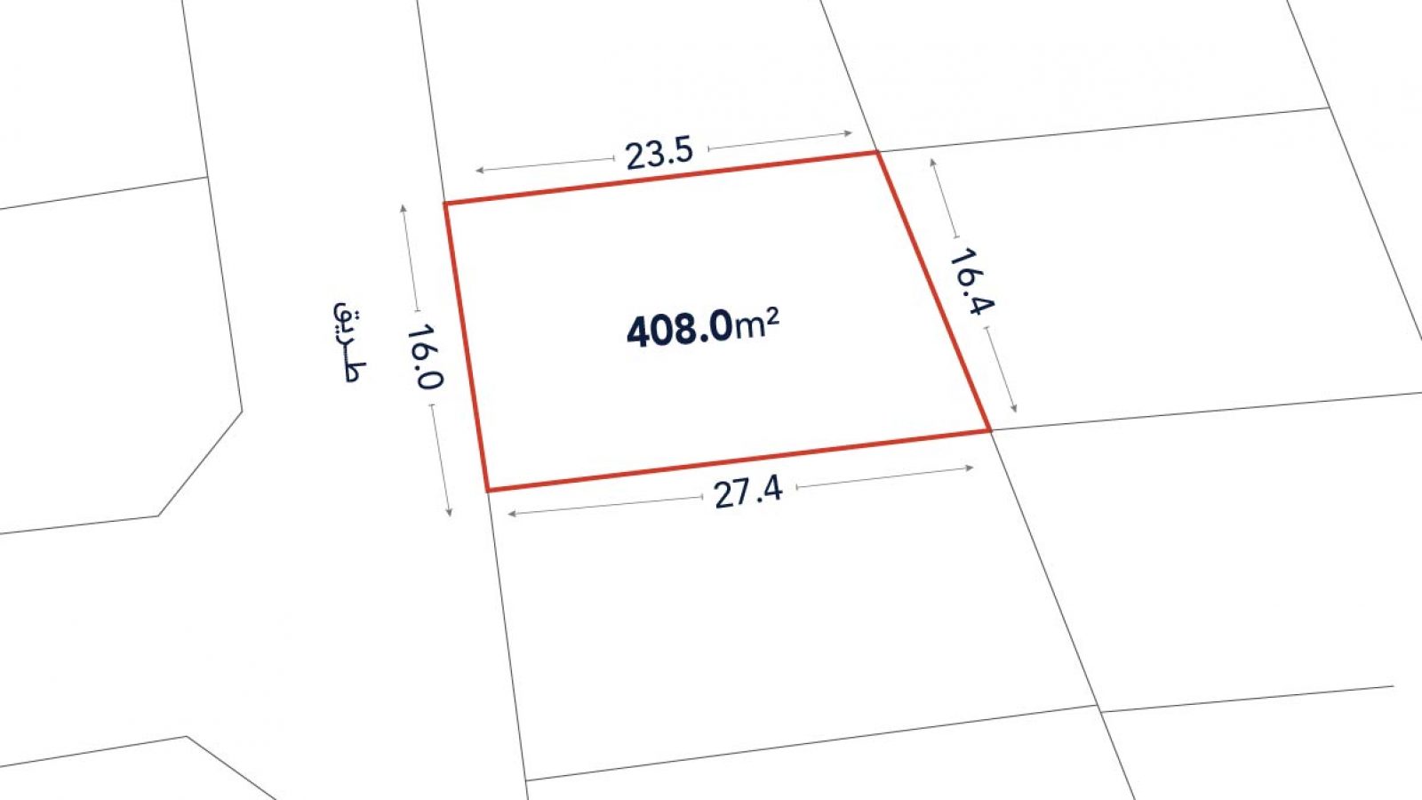 A rectangular plot outlined in red with dimensions 23.5m, 16.4m, 27.4m, and 16.0m, labeled 408.0 m², next to a street labeled in Arabic.