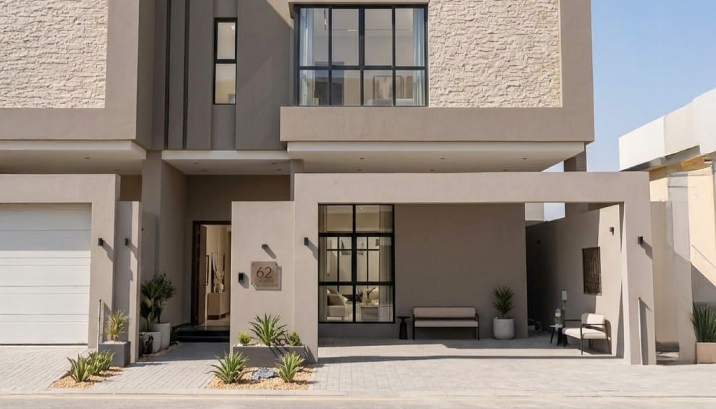 Modern two-story house with a flat roof, stone and stucco facade, large windows, a garage, two benches, potted plants, and a driveway under clear blue sky.
