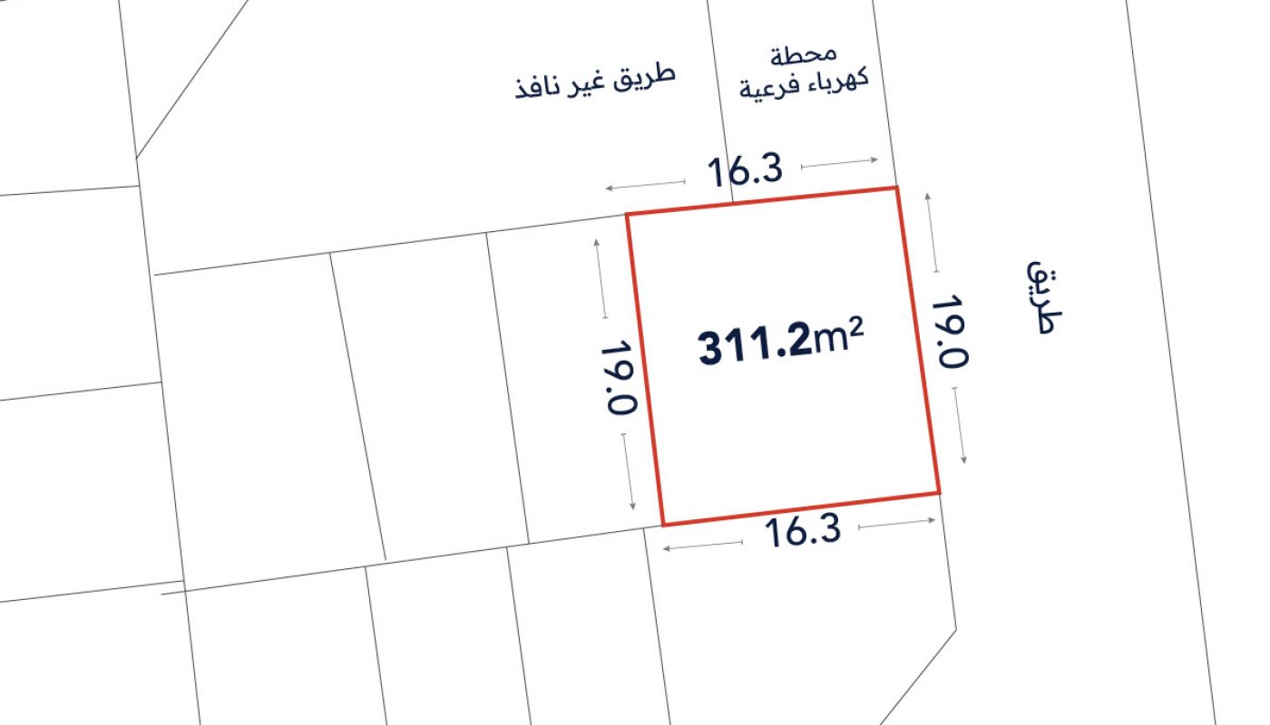 A plot plan showing a rectangular lot measuring 311.2 square meters, with sides labeled 16.3m and 19.0m, adjacent to streets and labeled areas in Arabic.