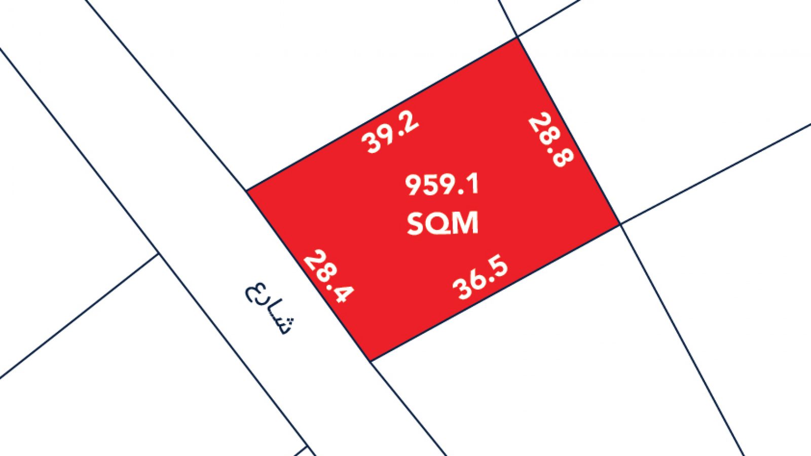 A red rectangular land plot labeled "959.1 SQM" with side lengths 39.2, 28.8, 36.5, and 28.4, bordered by a street labeled in Arabic.