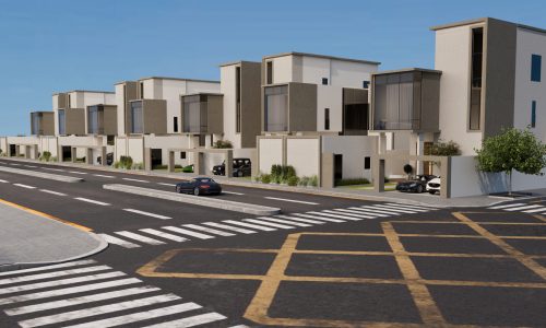 A row of modern, multi-story houses with large windows lines a street featuring multiple crosswalks. The area is clear of pedestrians, and a few cars are parked in driveways, underscoring the tranquility that's perfect for drafting new urban living experiences.