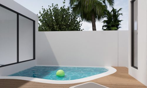 A small pool with a green ball gently floating in it is framed by clean white walls and sleek wooden decking. Large windows grace one side, offering a view of trees beyond the wall, seamlessly blending nature with design like a stunning auto draft waiting to be explored.