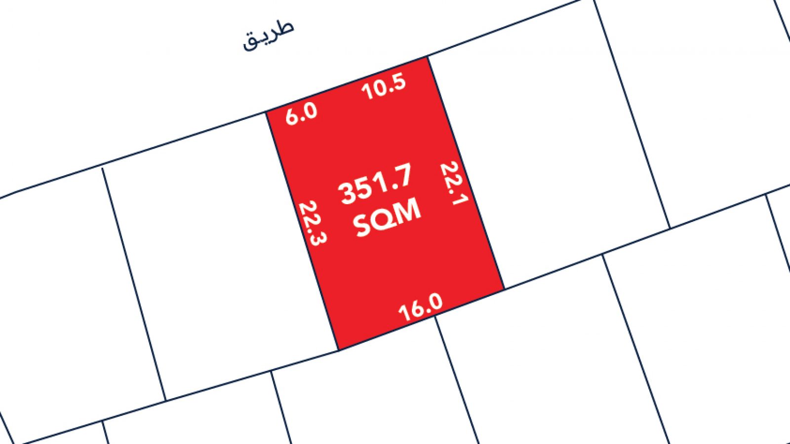 A plot map showing a red rectangular lot labeled "351.7 SQM" with side lengths 6.0, 10.5, 22.3, 22.1, and 16.0, adjacent to a road labeled in Arabic.