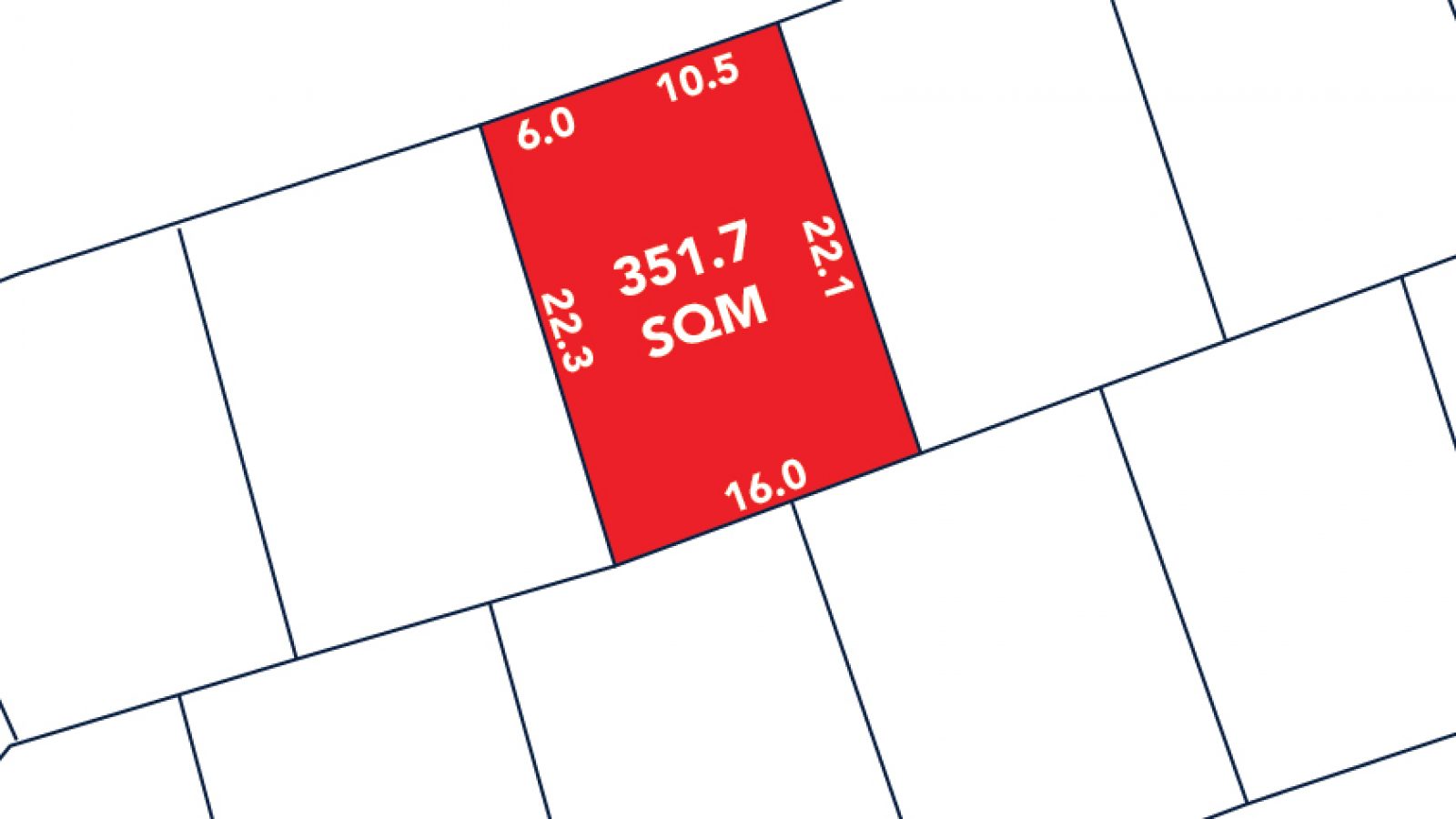 A rectangular plot outlined in red is labeled "351.7 SQM" with side lengths 22.1, 22.3, 10.5, 6.0, and 16.0; adjacent plots are uncolored. Arabic text "طريق" appears above.
