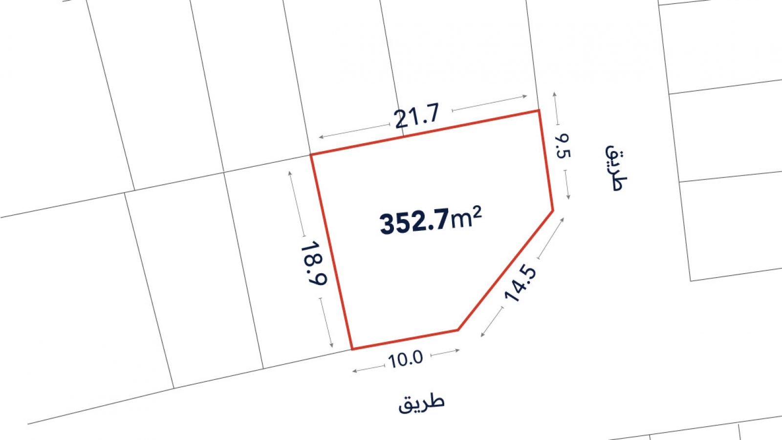 A land plot outlined in red with a total area of 352.7 square meters, showing side lengths and adjacent roads labeled in Arabic.