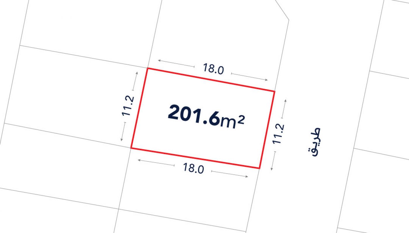 A plot of land outlined in red, labeled 201.6m², with dimensions 18.0m by 11.2m, shown on a grid map with roads labeled "طريق" on two sides.