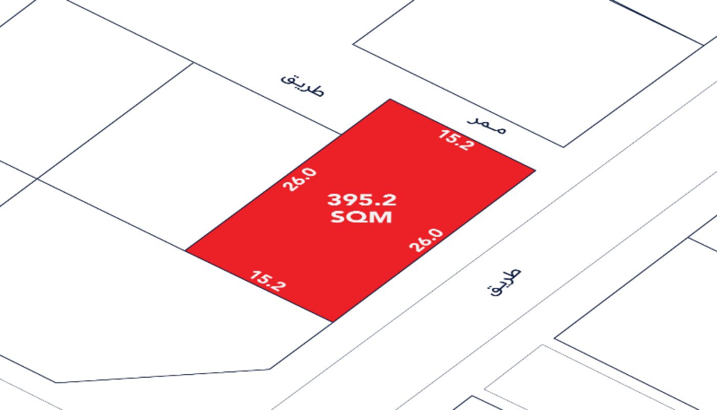 A rectangular plot marked in red, labeled 395.2 SQM, with dimensions 26.0m by 15.2m, surrounded by streets and neighboring plots.