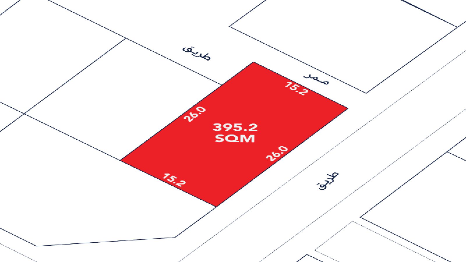 A rectangular plot marked in red, labeled 395.2 SQM, with dimensions 26.0m by 15.2m, surrounded by streets and neighboring plots.