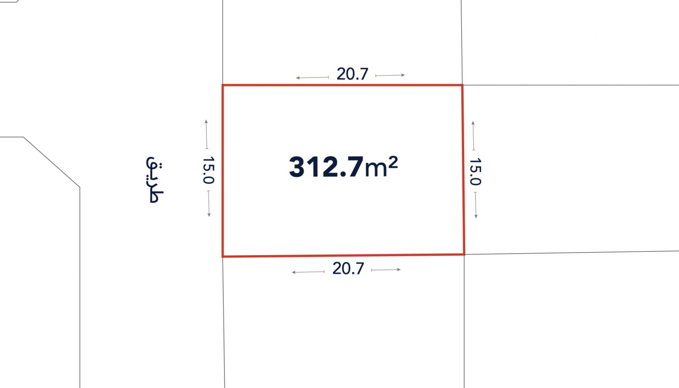 A rectangular plot outlined in red, labeled 312.7 m², with dimensions 20.7 meters by 15.0 meters, shown on a site plan with adjacent lots.