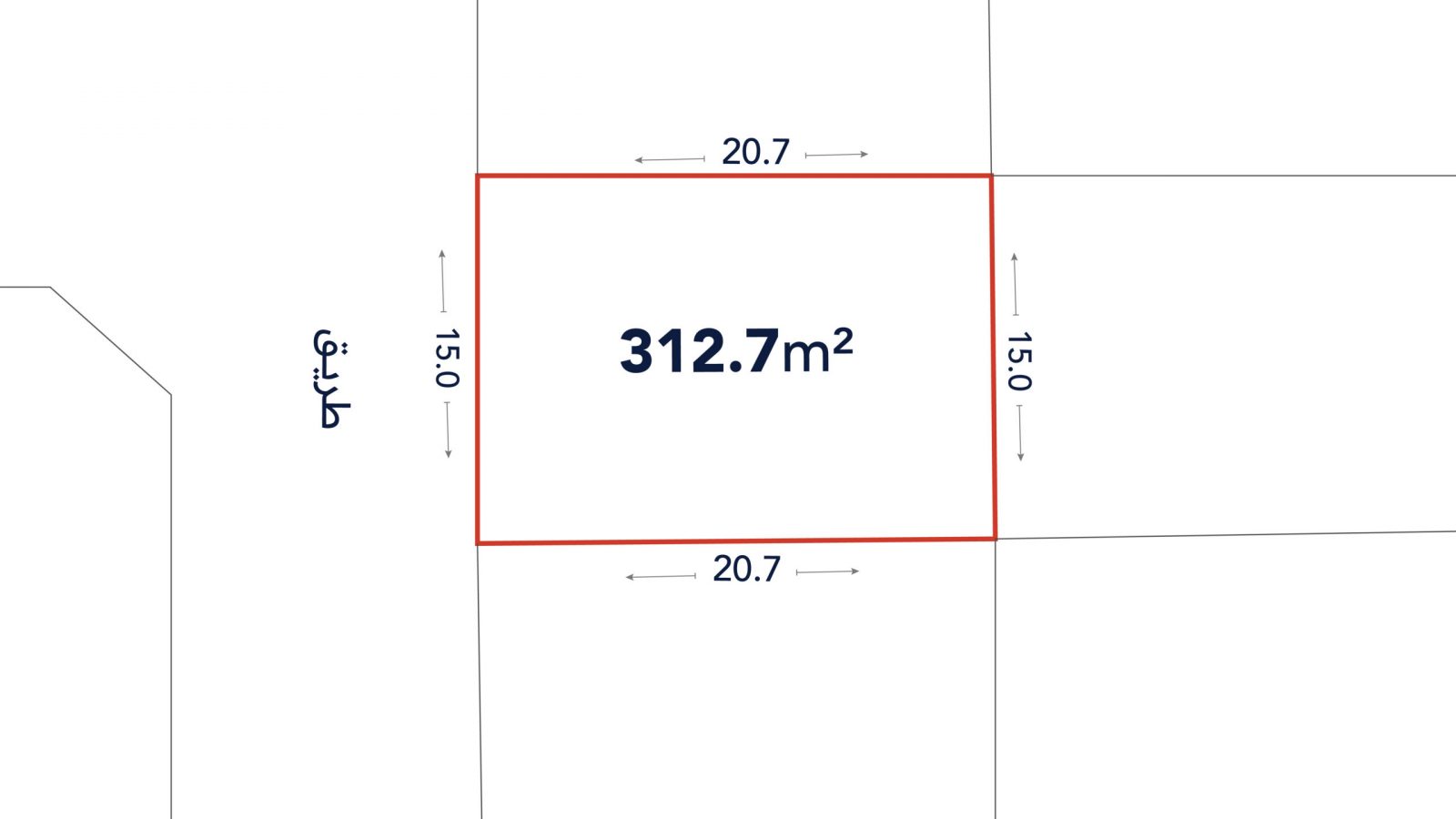 A rectangular plot outlined in red, labeled 312.7 m², with dimensions 20.7 meters by 15.0 meters, shown on a site plan with adjacent lots.