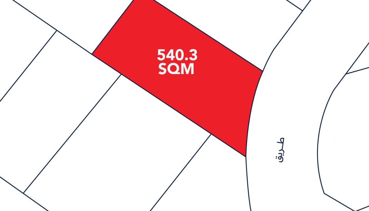 A plot map highlighting a rectangular lot in red labeled "540.3 SQM," bordered by a curved road with Arabic text.