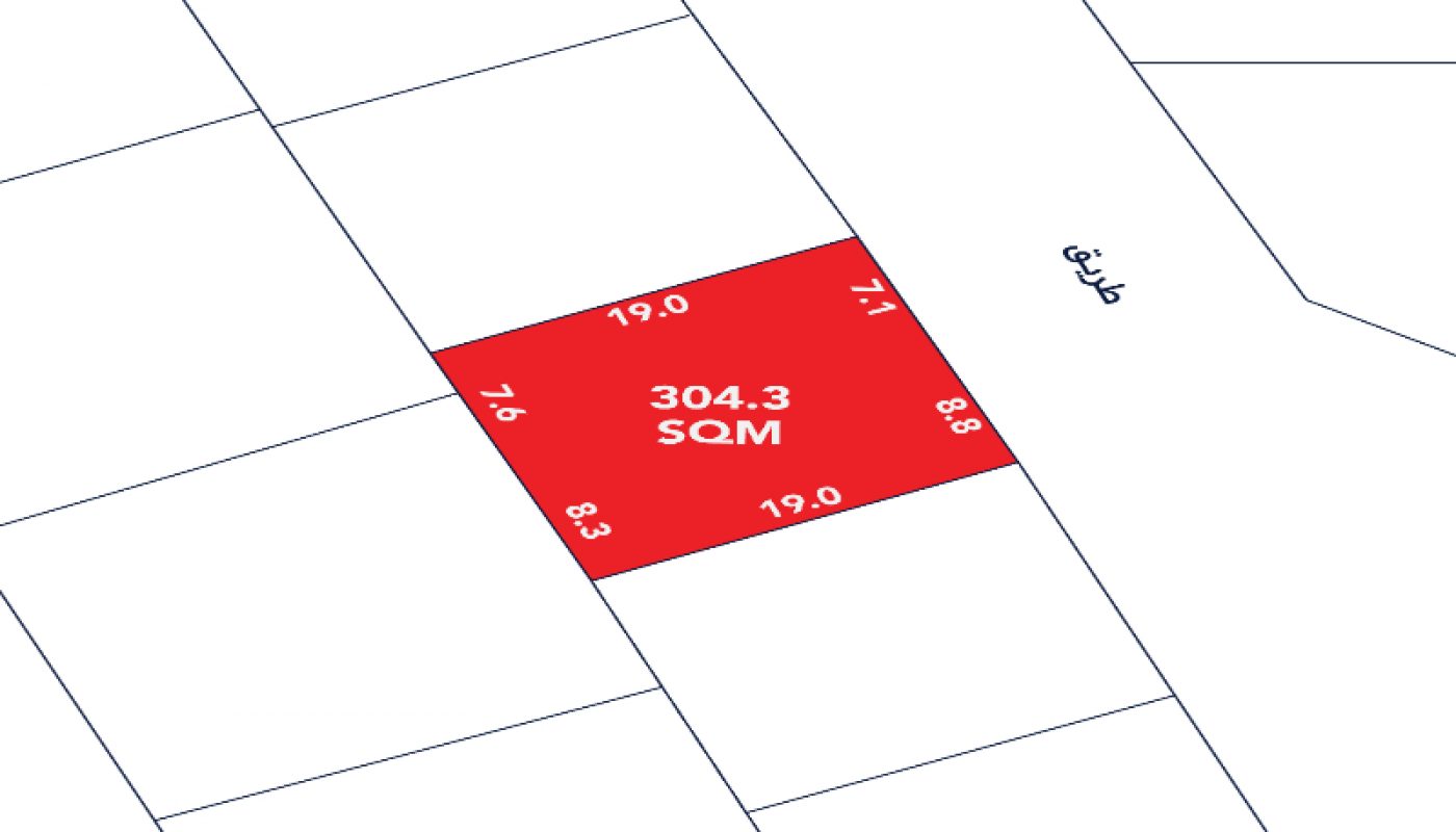 A red rectangular plot labeled "304.3 SQM" with side lengths indicated, located along a road labeled in Arabic.