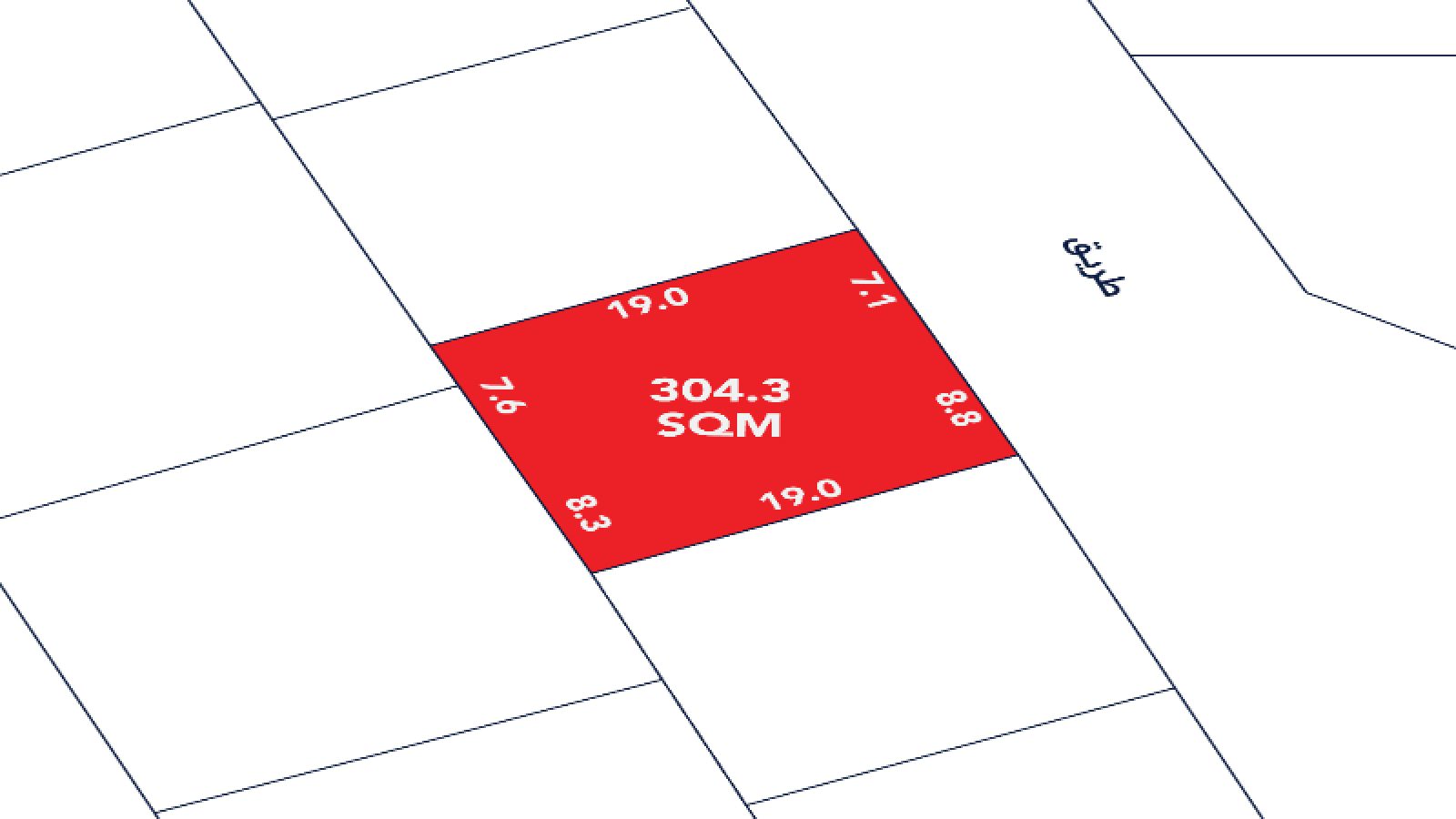 A red rectangular plot labeled "304.3 SQM" with side lengths indicated, located along a road labeled in Arabic.