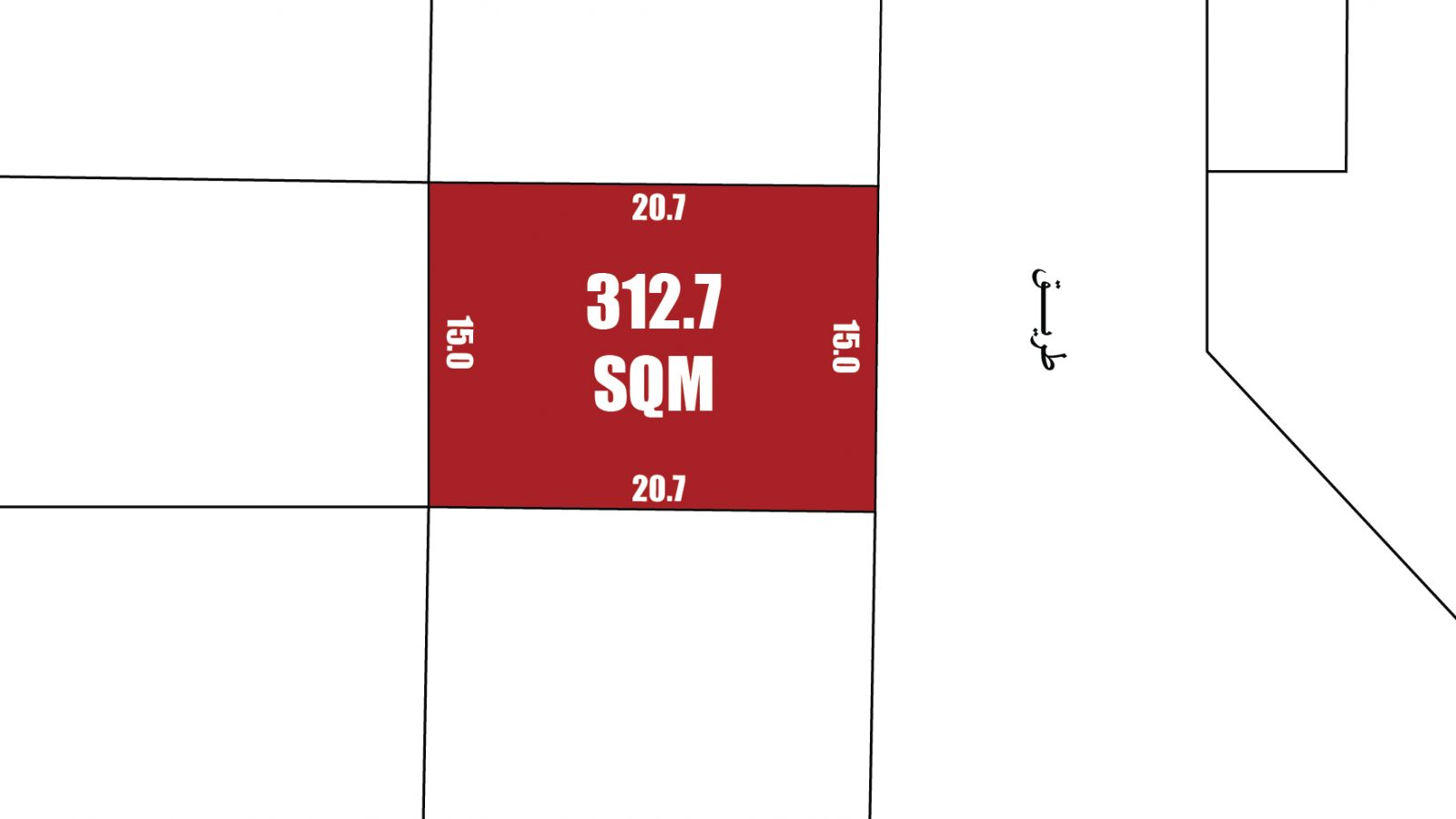 تبلغ مساحة القطعة المستطيلة المظللة بالأحمر 312.7 مترًا مربعًا، مع ضلعين مكتوب عليهما 20.7 مترًا و15.0 مترًا، وتظهر ضمن قطع أخرى على مخطط الموقع.
