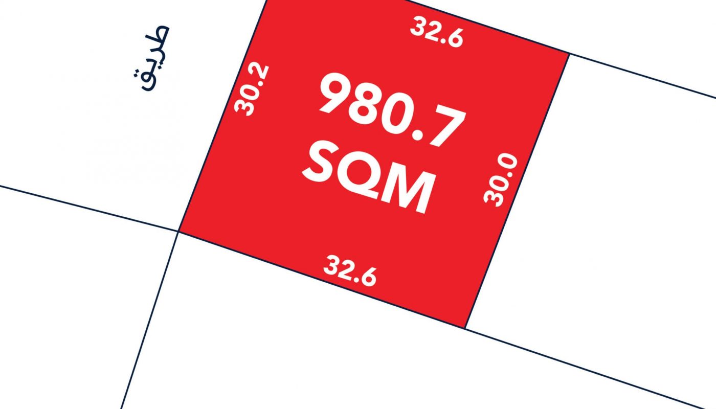 Red rectangular plot labeled "980.7 SQM" with dimensions: 32.6m, 30.0m, and 30.2m. Arabic text "طريق" on the left indicates a road.