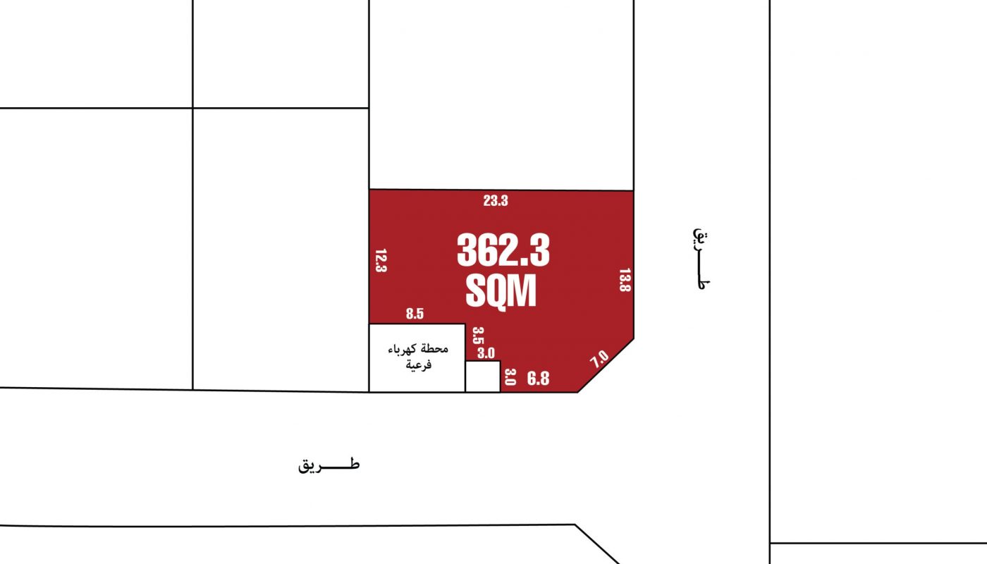 A plot of land labeled 362.3 SQM is highlighted in red, showing side lengths in meters and adjacent to a road. A small square indicates a utility or station area. Arabic text is present.
