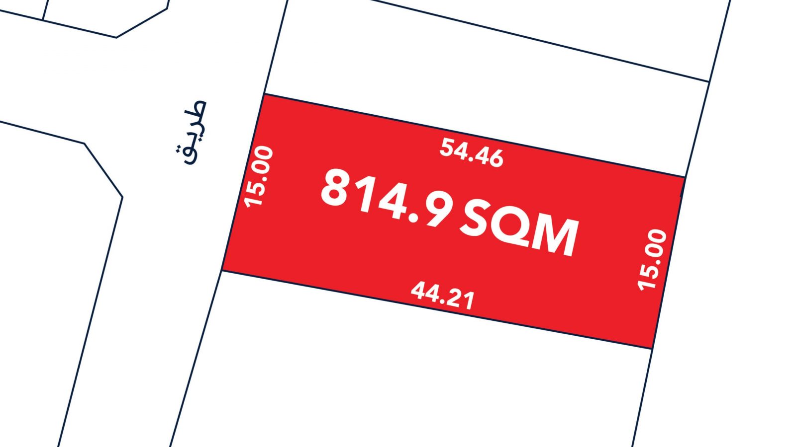 A rectangular land plot labeled 814.9 SQM, with dimensions 54.46m, 44.21m, and 15.00m shown on three sides, is marked in red on a site plan.