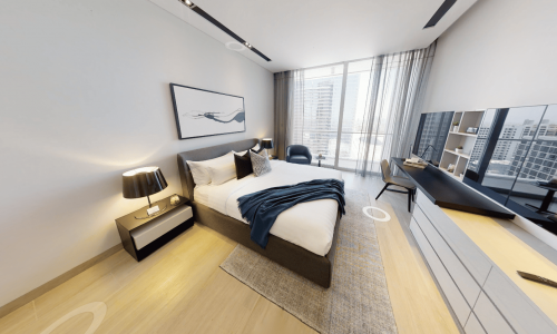 A Juffair, 1BR flat with an amazing 3D rendering of a bedroom featuring a bed and TV.