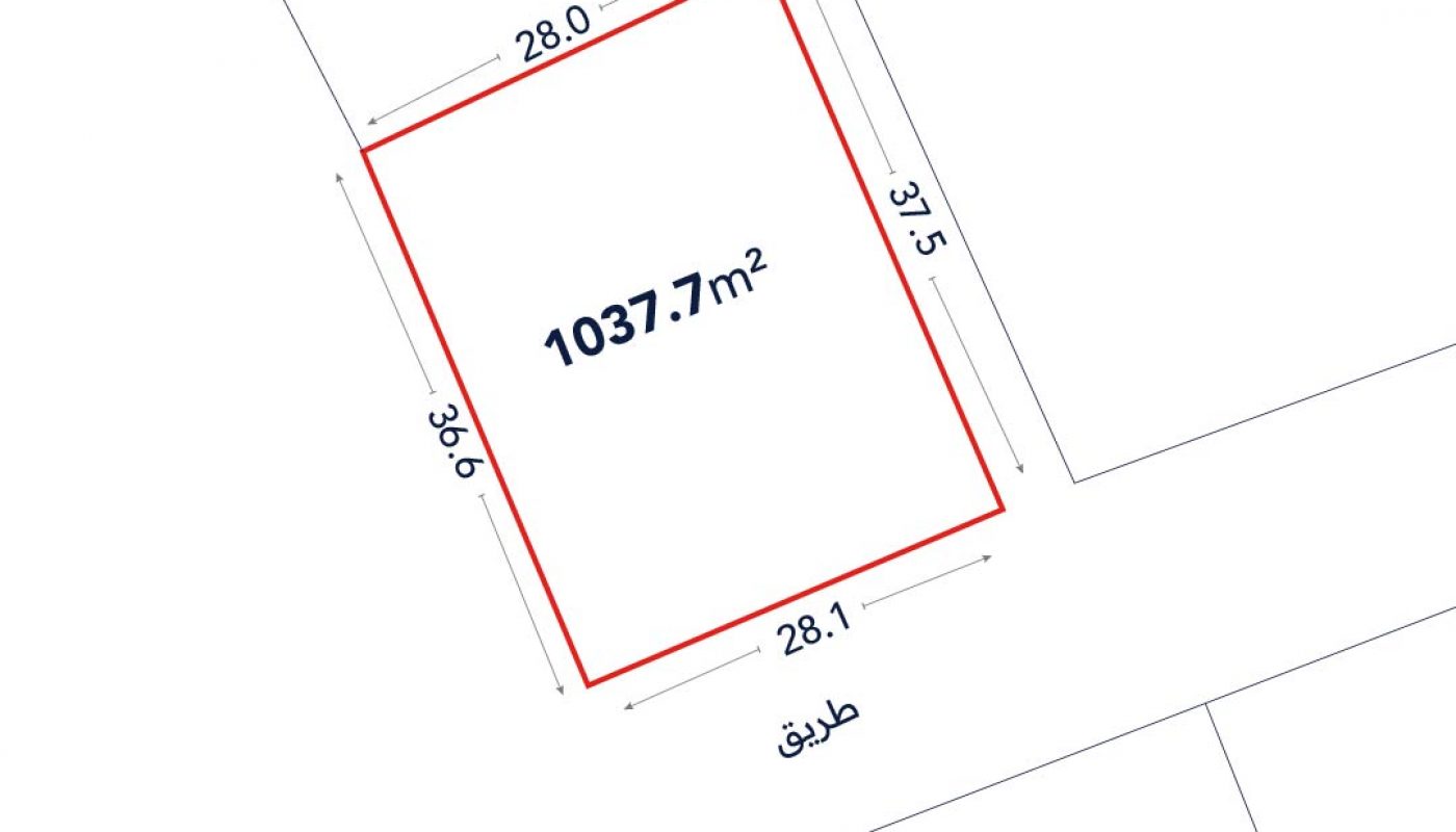 A rectangular land plot outlined in red, labeled 1037.7 m², with side lengths 28.0m, 37.5m, 28.1m, and 36.6m, bordered by streets.