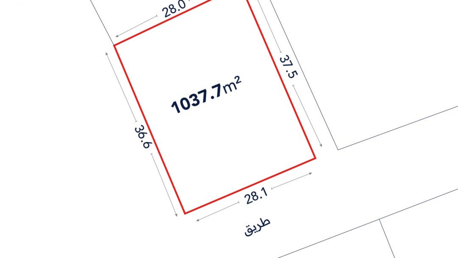 A rectangular land plot outlined in red, labeled 1037.7 m², with side lengths 28.0m, 37.5m, 28.1m, and 36.6m, bordered by streets.