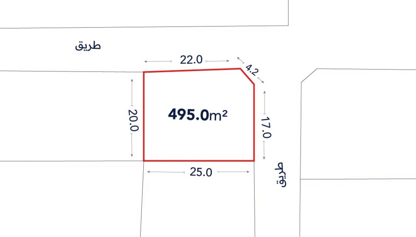 A plot of land measuring 495.0 m² is outlined, with sides labeled 25.0 m, 20.0 m, 22.0 m, 4.2 m, and 11.0 m, adjacent to roads marked "طريق" in Arabic.