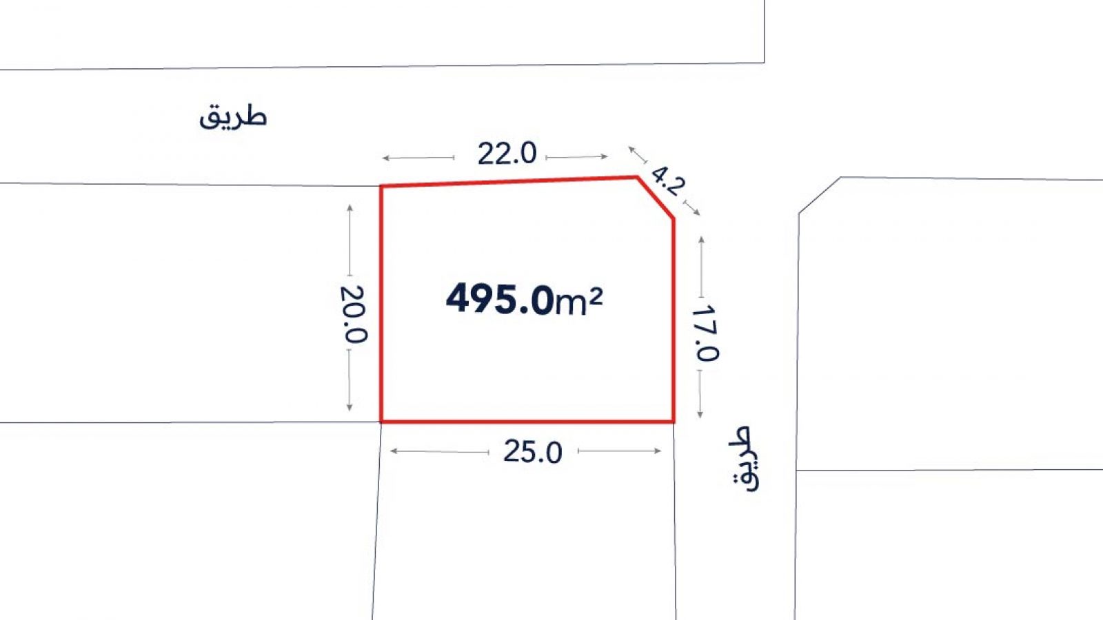 A plot of land measuring 495.0 m² is outlined, with sides labeled 25.0 m, 20.0 m, 22.0 m, 4.2 m, and 11.0 m, adjacent to roads marked "طريق" in Arabic.