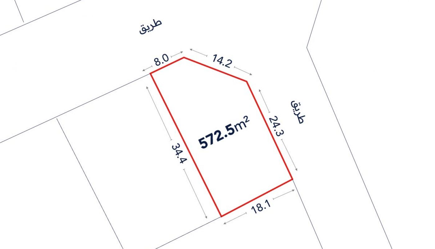 A plot of land outlined in red, labeled 572.5 m², with side lengths marked and adjacent streets labeled "طريق" in Arabic.
