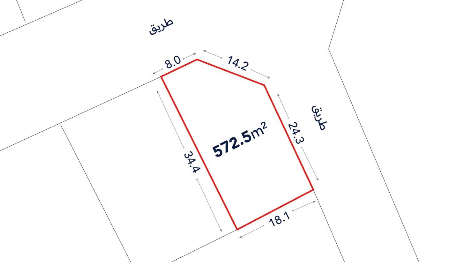 A plot of land outlined in red, labeled 572.5 m², with side lengths marked and adjacent streets labeled "طريق" in Arabic.