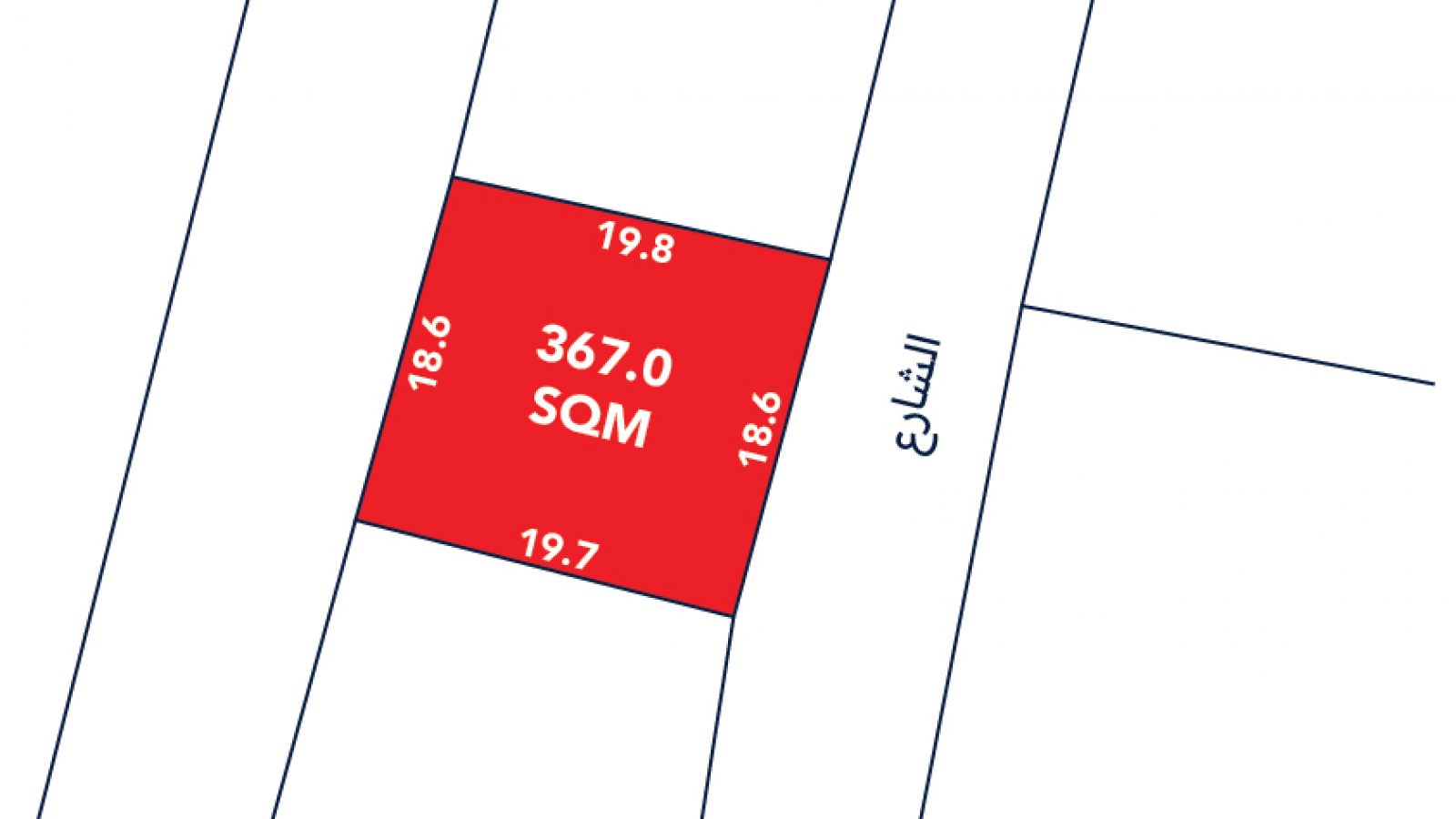 A red square plot measuring 367.0 SQM is shown on a map, with side lengths labeled in meters and adjacent to a street labeled in Arabic.