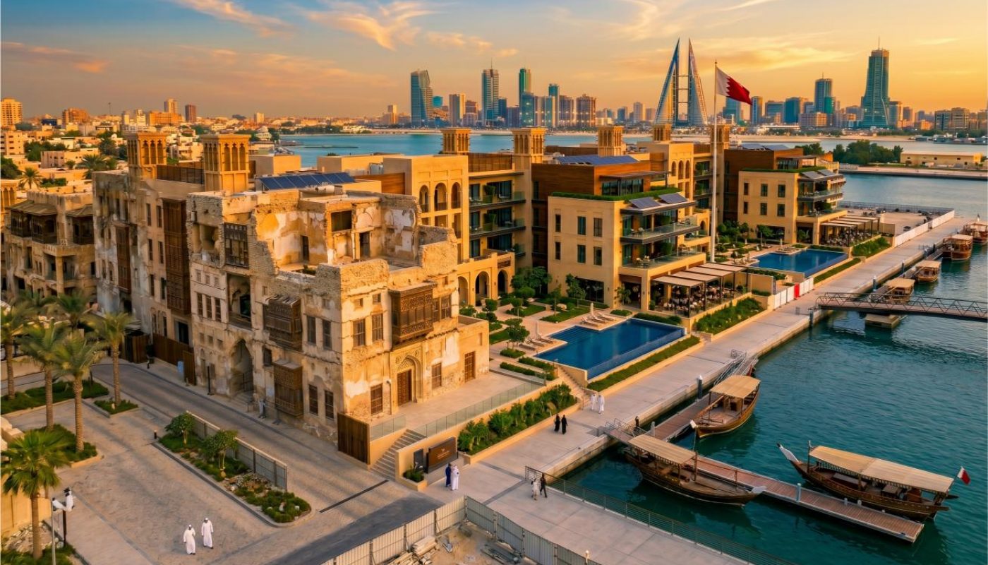 منظر للواجهة البحرية للمدينة يُظهر مبانٍ تقليدية وحديثة وقوارب راسية على طول قناة مائية وأفق من المباني الشاهقة تحت سماء الغروب.