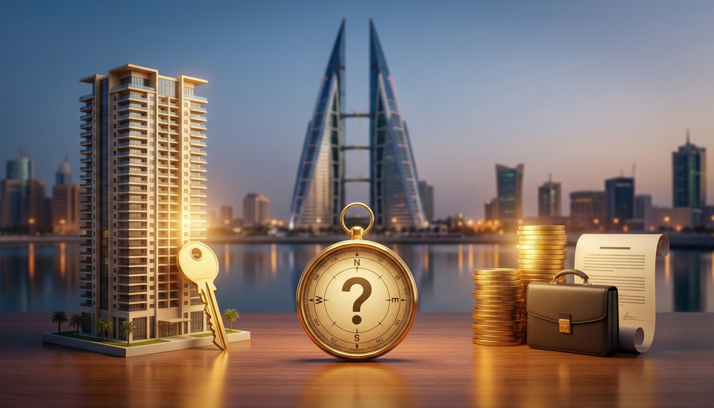 مبنى نموذجي ومفتاح وساعة توقيت مع علامة استفهام وعملات معدنية مكدسة وحقيبة ووثيقة مرتبة على طاولة مع مباني مدينة حديثة ومياه في الخلفية.