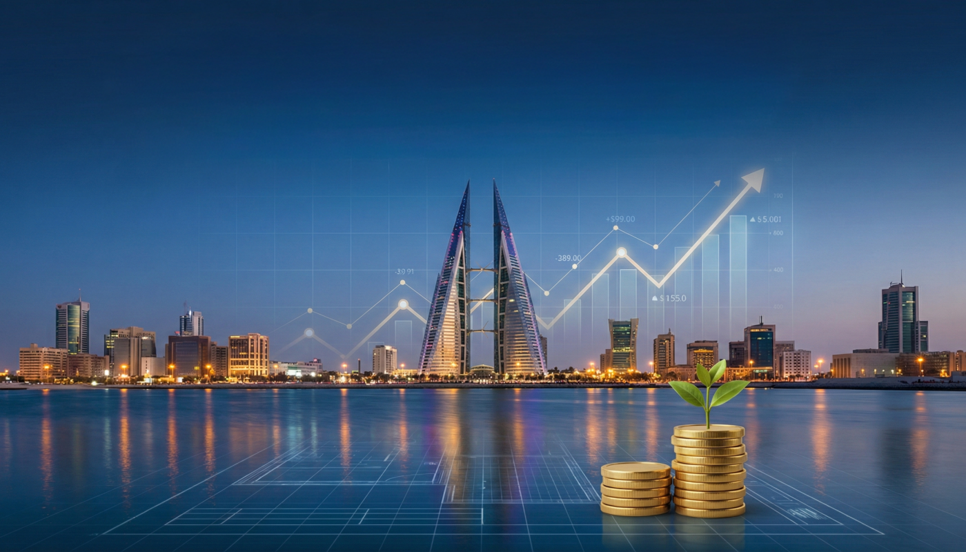 Bahrain city skyline at dusk with digital graphs, rising arrow, and stacked coins with a plant, symbolizing economic growth, investment, and how real estate Bahrain can help you build wealth.
