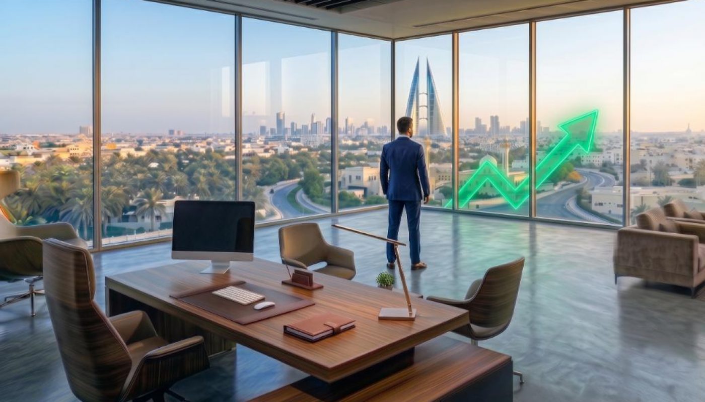 A man in a modern office with large windows overlooks a cityscape. A green upward-trending arrow graphic is displayed on the window, symbolizing financial growth.