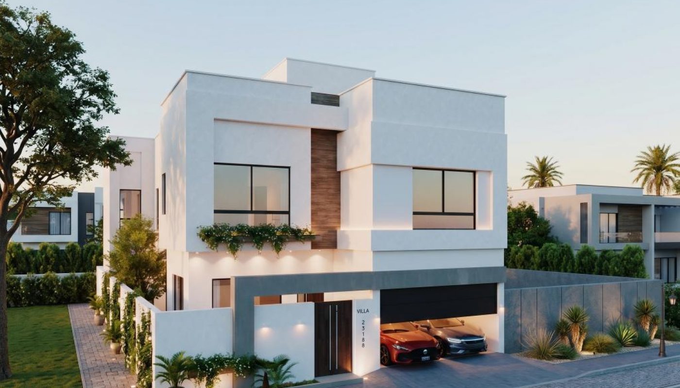Modern two-story house with large windows, a flat roof, a balcony with plants, and a driveway with two cars parked in front. The exterior is white with wood and gray accents.