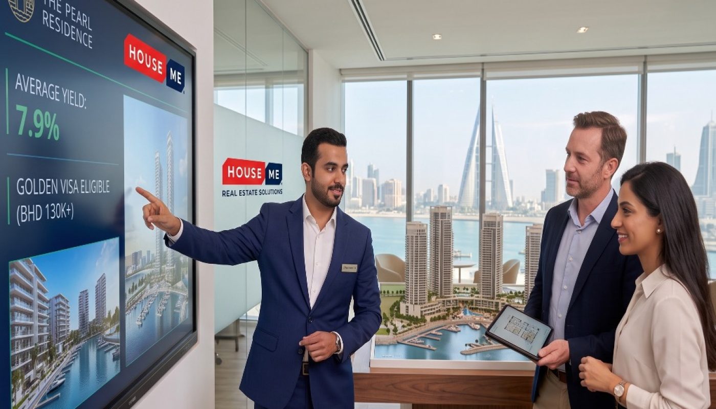 A man in a suit presents real estate data on a large screen to a man and woman, with a building model and city skyline visible in the background.