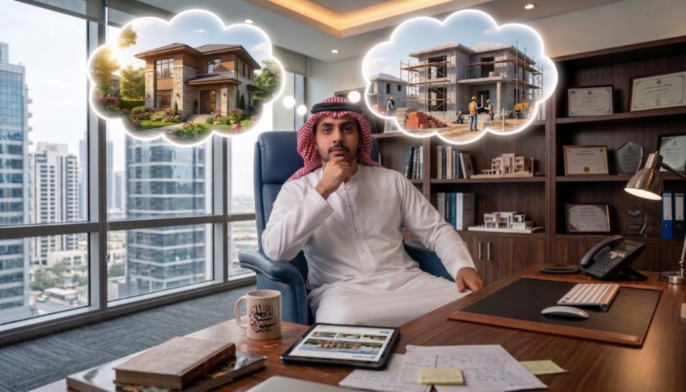 A man in traditional Middle Eastern attire sits at his office desk, thoughtfully considering images of a finished house and a building under construction in thought bubbles above his head.