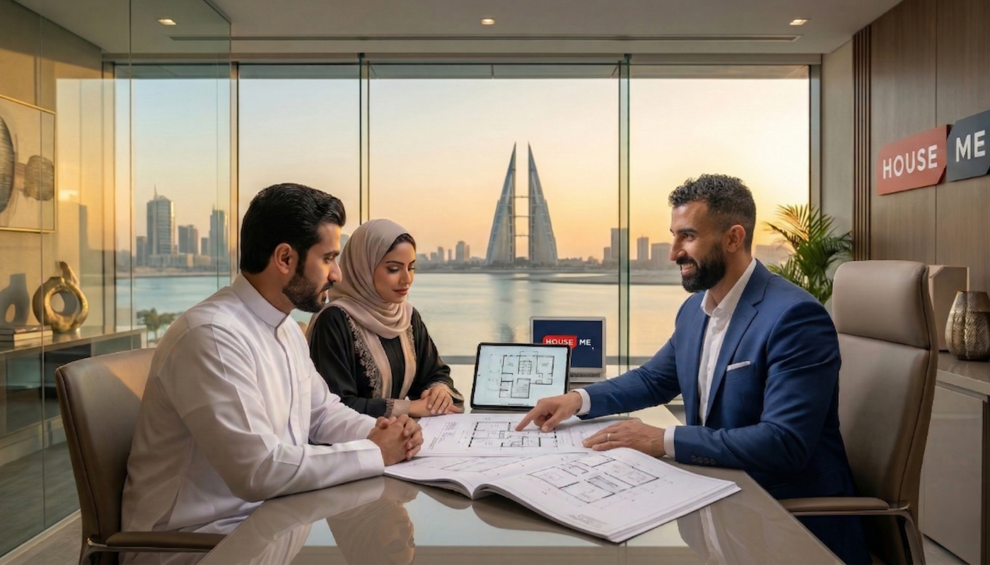 ثلاثة أشخاص يجلسون على مكتب في مكتب حديث مع مخططات معمارية تطل على أفق المدينة مع برجين توأمين عند غروب الشمس.