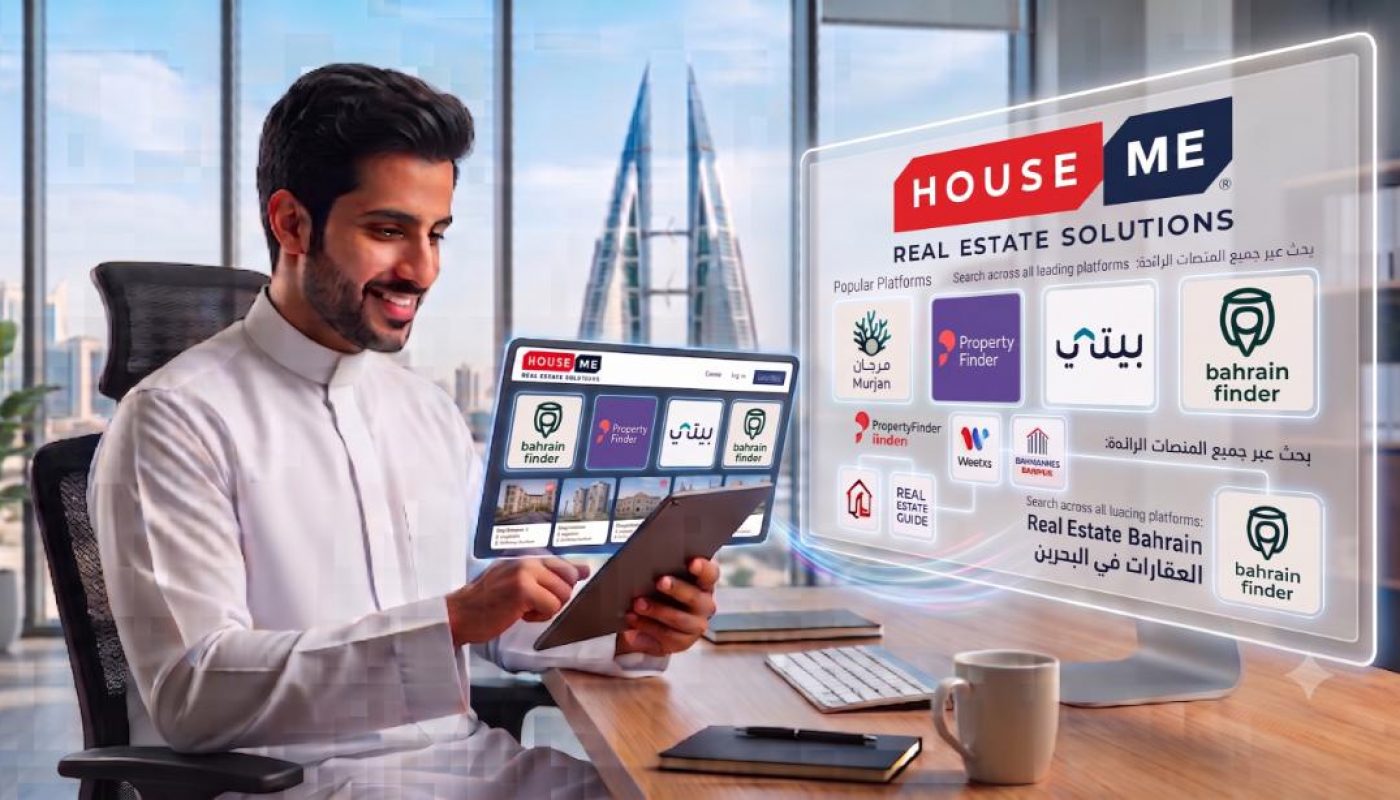 Man in traditional attire uses a tablet at a desk, with real estate platform logos displayed on a transparent screen in a modern office setting.