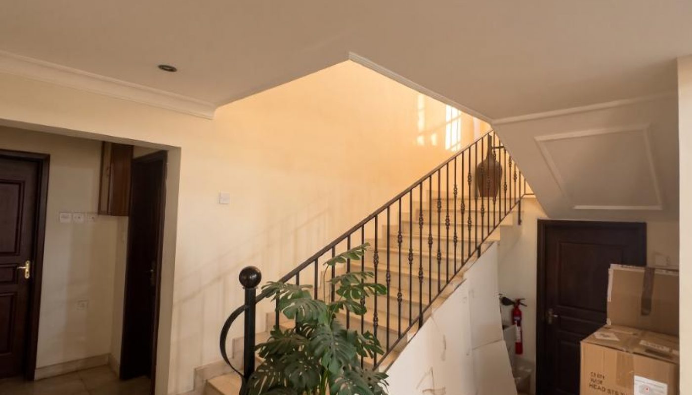 Indoor staircase with metal railing, a potted plant at the base, several cardboard boxes, two dark doors, and a fire extinguisher visible under the stairs.